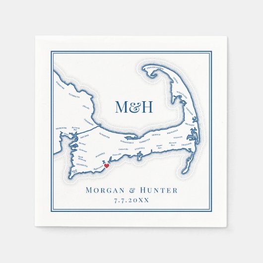 Serviette En Papier Cape Cod Map Mariage élégant (Devant)