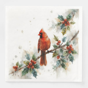 Serviette En Papier Cardinal de Noël et feuilles de houx