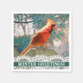 Serviette En Papier Cardinal devant l'arbre à pin hiver (Devant)