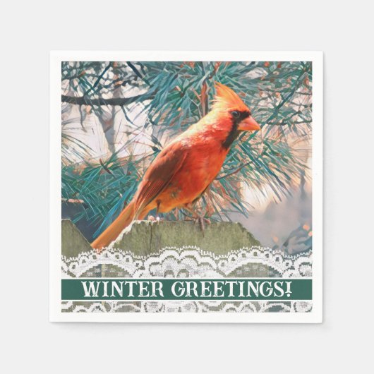 Serviette En Papier Cardinal devant l'arbre à pin hiver (Devant)