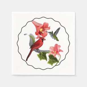 Serviette En Papier Cardinal et colibri avec le lis et le lierre roses