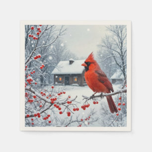 Serviette En Papier Cardinal Rouge D'Hiver Sur Berry Branch