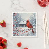 Serviette En Papier Cardinal Rouge D'Hiver Sur Berry Branch (En situation)