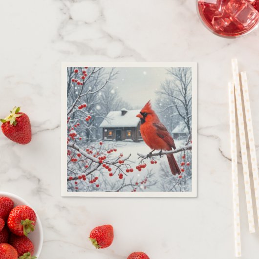 Serviette En Papier Cardinal Rouge D'Hiver Sur Berry Branch (En situation)