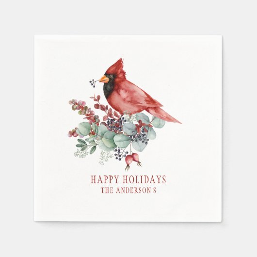 Serviette En Papier Cardinal Rouge Eucalyptus Baies rouges Noël (Devant)