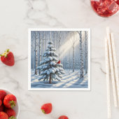 Serviette En Papier Cardinal Rouge Perché Sur Un Pin Neige (En situation)