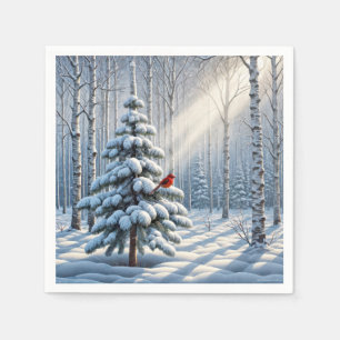 Serviette En Papier Cardinal Rouge Perché Sur Un Pin Neige