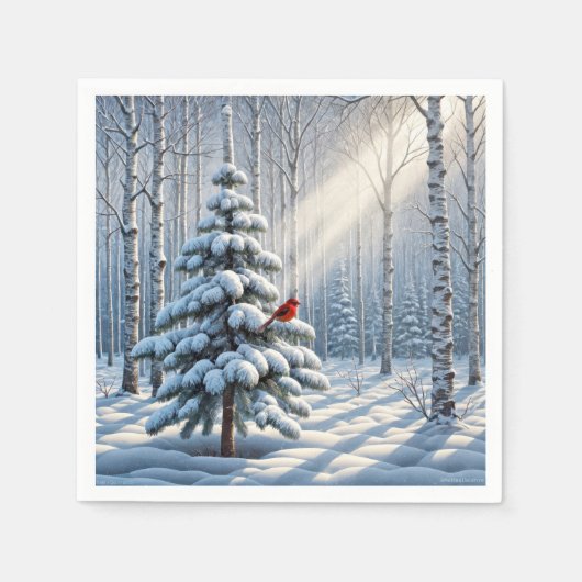 Serviette En Papier Cardinal Rouge Perché Sur Un Pin Neige (Devant)