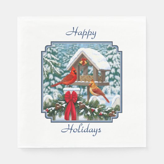 Serviette En Papier Cardinaux et nourriciers d'oiseaux de Noël (Devant)