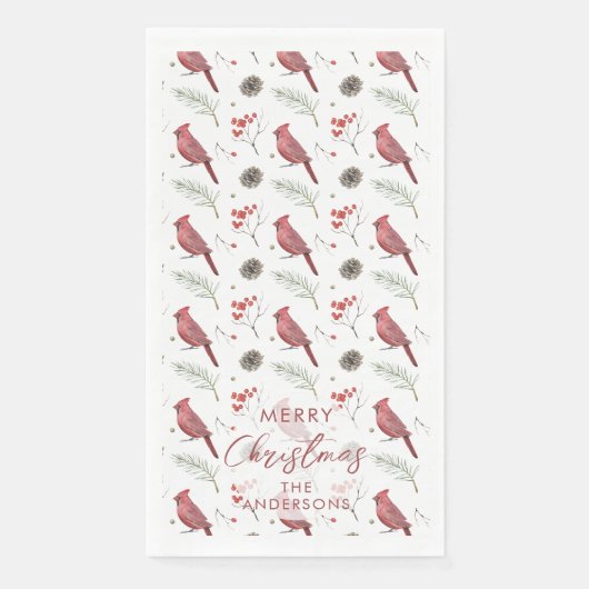 Serviette En Papier Cardinaux rouges et baies d'hiver Noël personnalis (Devant)