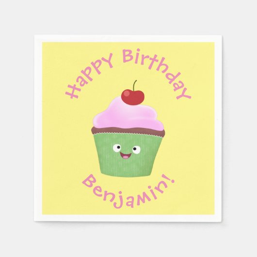Serviette En Papier Caricature de cupcake joyeux (Devant)