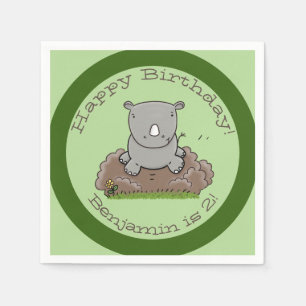 Serviette En Papier Caricature vert de rhinocéros mignon