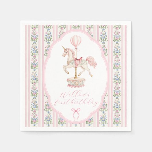 Serviette En Papier Carousel Rose Premier Anniversaire (Devant)