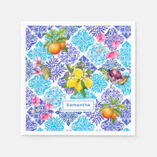 Serviette En Papier Carreau Azulejo de Citron Sicilien Bleu Vibrant
