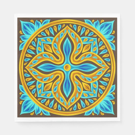 Serviette En Papier Carreau marocain méditerranéen motif bleu et or (Devant)