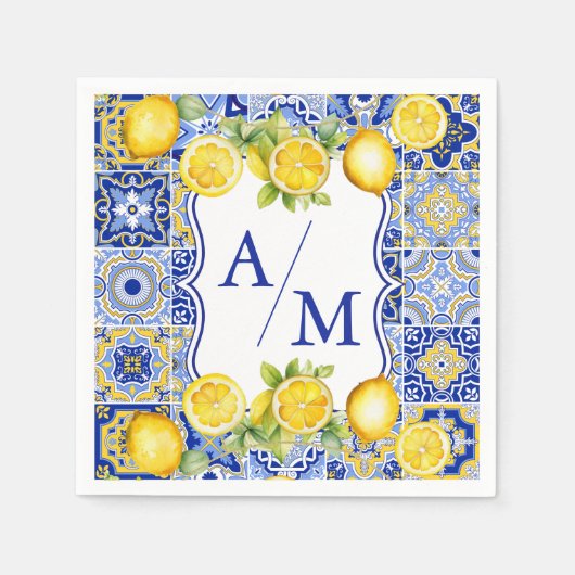 Serviette En Papier Carreaux bleus Citrons Mariage (Devant)