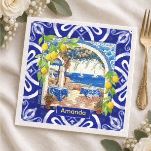 Serviette En Papier Carreaux bleus de citrus en majolique méditerranée