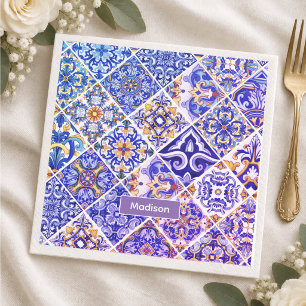 Serviette En Papier Carreaux bleus violets siciliens méditerranéens me