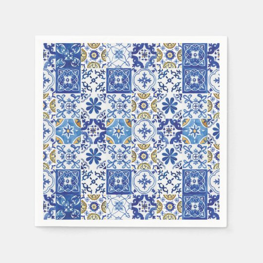 Serviette En Papier Carreaux de mosaïque méditerranéenne bleus pour fê (Devant)