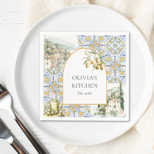 Serviette En Papier Carreaux de motif méditerranéen olives jaune bleu
