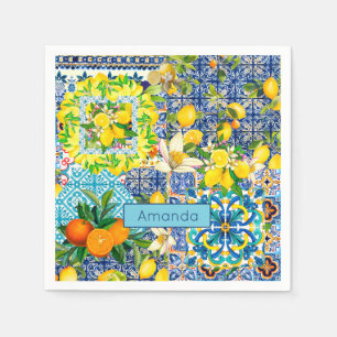 Serviette En Papier Carreaux fleuris d'agrumes siciliens bleu chic