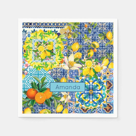 Serviette En Papier Carreaux fleuris d'agrumes siciliens bleu chic (Devant)