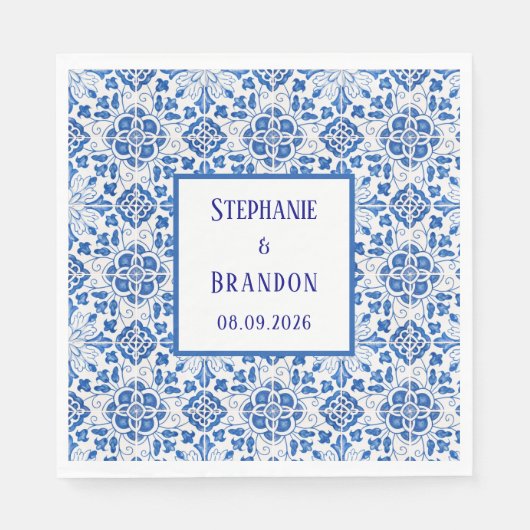 Serviette En Papier Carreaux portugais Mariage méditerranéen bleu (Devant)