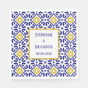 Serviette En Papier Carreaux portugais Mariage méditerranéen bleu