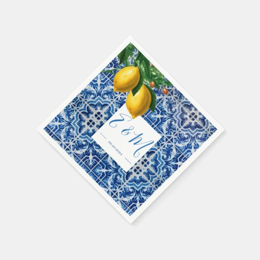 Serviette En Papier Carrelage bleu blanc citron Monogramme d'été (Coin)