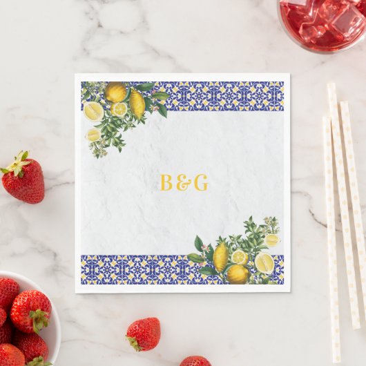 Serviette En Papier Carrelage bleu blanc jaune méditerranéen Mariage c (En situation)