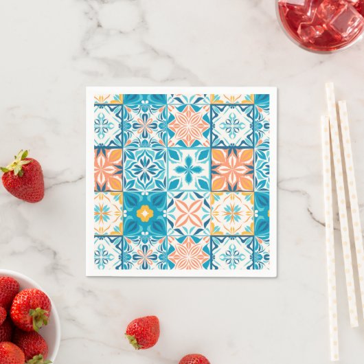 Serviette En Papier Carrelage orange et bleu (En situation)