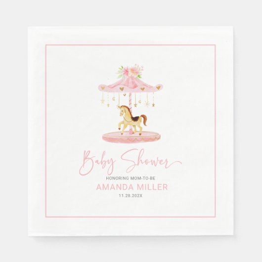 Serviette En Papier Carrousel de poney aux fleurs roses mignonnes (Devant)