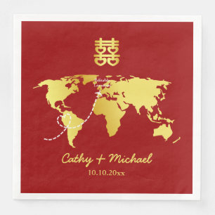 Serviette En Papier Carte de destination rouge et or mariage chinois
