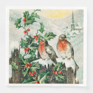 Serviette En Papier Carte de Noël vintage avec rouges-gorges, houx, ég