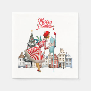 Serviette En Papier Carte de vœux de Noël 1950 par une dame élégante
