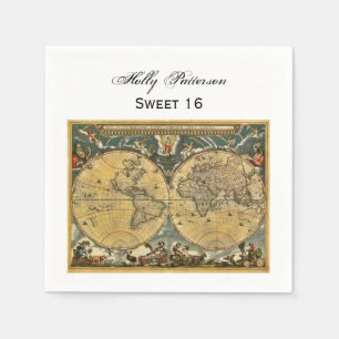 Serviette En Papier Carte du monde antique, fond blanc SQ Sweet 16