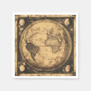 Serviette En Papier Carte du monde antique sepia gravure vintage