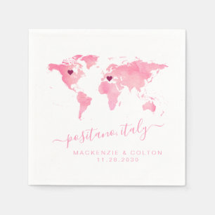 Serviette En Papier Carte du monde rose 2 Coeurs Destination Mariage D