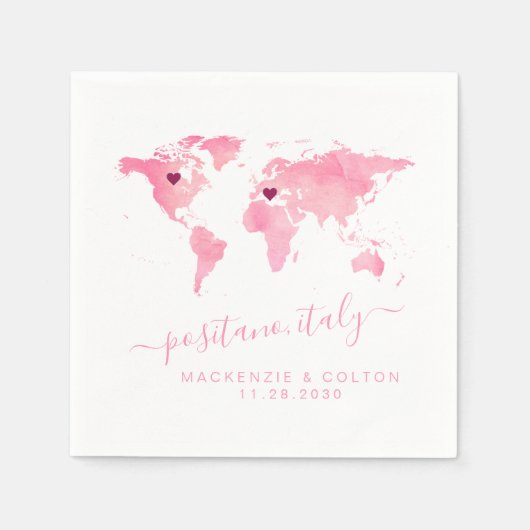 Serviette En Papier Carte du monde rose 2 Coeurs Destination Mariage D (Devant)