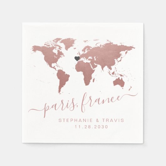 Serviette En Papier Carte du monde rose Gold Rose Thème de voyage (Devant)