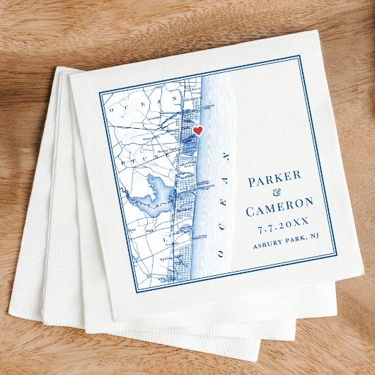 Serviette En Papier Carte du NJ d'Asbury Park Elégant Mariage bleu mar
