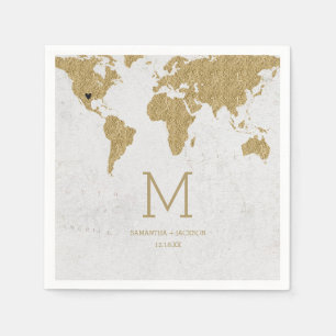 Serviette En Papier Carte Gold Foil World Destination Mariage Monogram