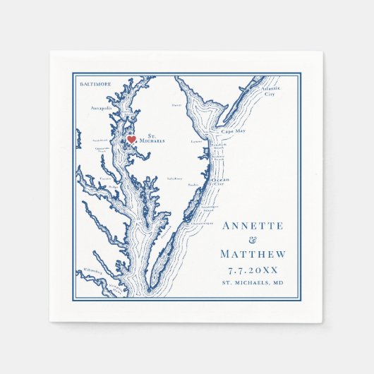 Serviette En Papier Carte St. Michaels MD Élégant Mariage bleu marine (Devant)
