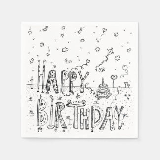 SERVIETTE EN PAPIER CARTOON CUTE JOYEUX ANNIVERSAIRE NOIR COULEUR D'EN