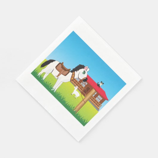 Serviette En Papier Cartoon Farm Scène avec Cheval Chat et Chèvre (Coin)