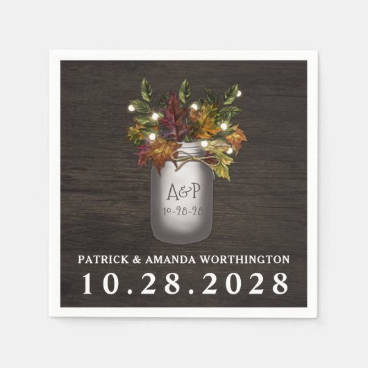 Serviette En Papier Cascade Feuilles Mason Jar Rustique Mariage servie (Devant)