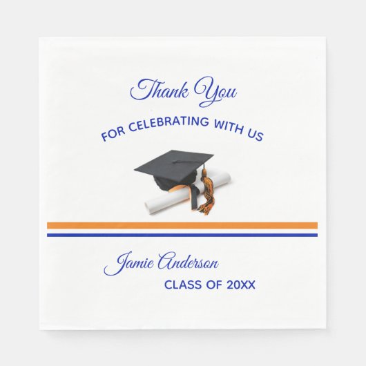 Serviette En Papier Casquette bleu et orange & Tassel | Graduation Par (Devant)