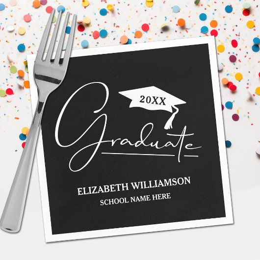 Serviette En Papier Casquette de graduation de script blanc noir
