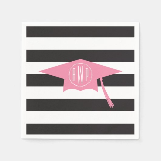 Serviette En Papier Casquette de graduation rose monogramme + bandes n (Devant)