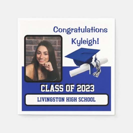 Serviette En Papier Casquette & Diplôme, Royal Blue & White Graduation (Devant)